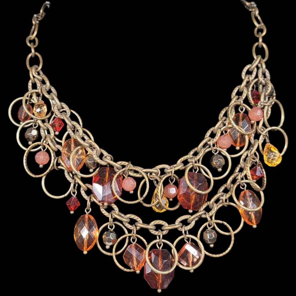 Premier Designs Fireside Statement Bib Necklace Amber Topaz Brass Chunky Boho